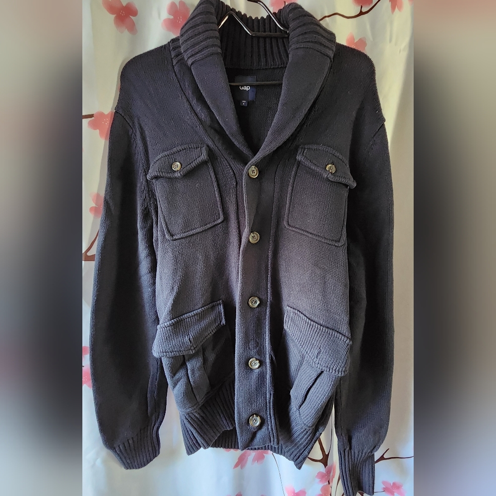 Women's GAP Navy Blue Front 4 Pocket Cable Button Up Cardigan Sweater Size Small